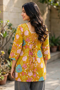 Women Mustard Floral Printed & Backlace Short Kurta Top 3561