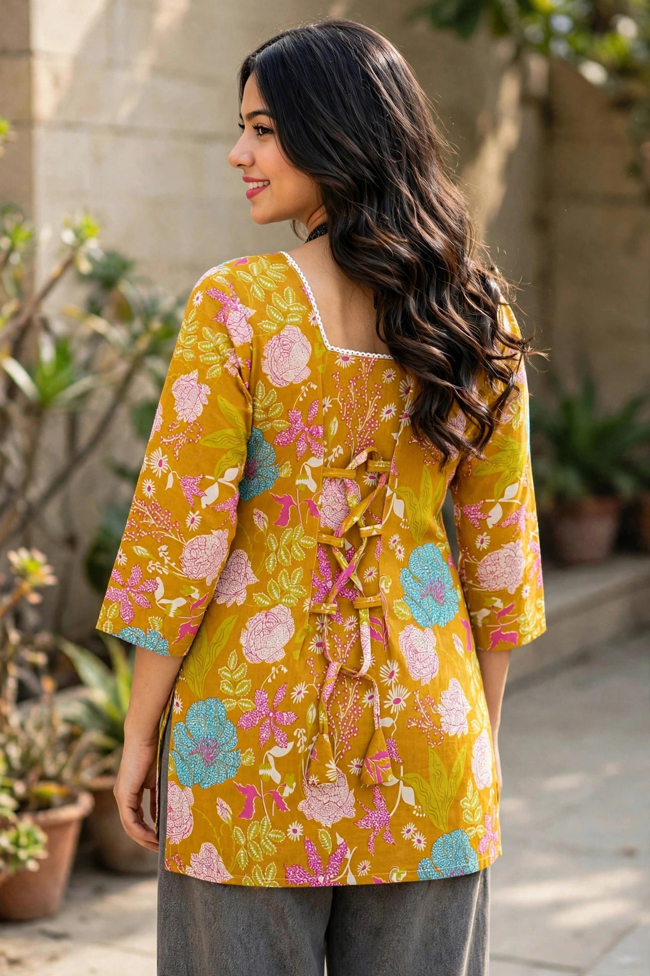 Women Mustard Floral Printed & Backlace Short Kurta Top 3561