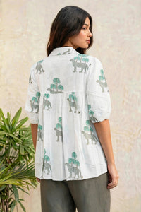Women Pista Floral Printed Cotton Short Kurti - Collar Neck - Puff Sleeves with Tassel Dori ATL2300