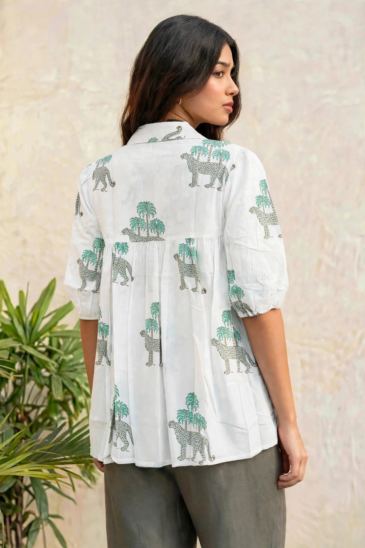 Women Pista Floral Printed Cotton Short Kurti - Collar Neck - Puff Sleeves with Tassel Dori ATL2300