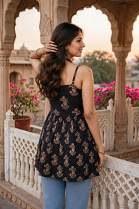 Women Black Floral Printed Short Kurti - Sleeveless Cotton Angrakha Style Peplum Top ATL5230
