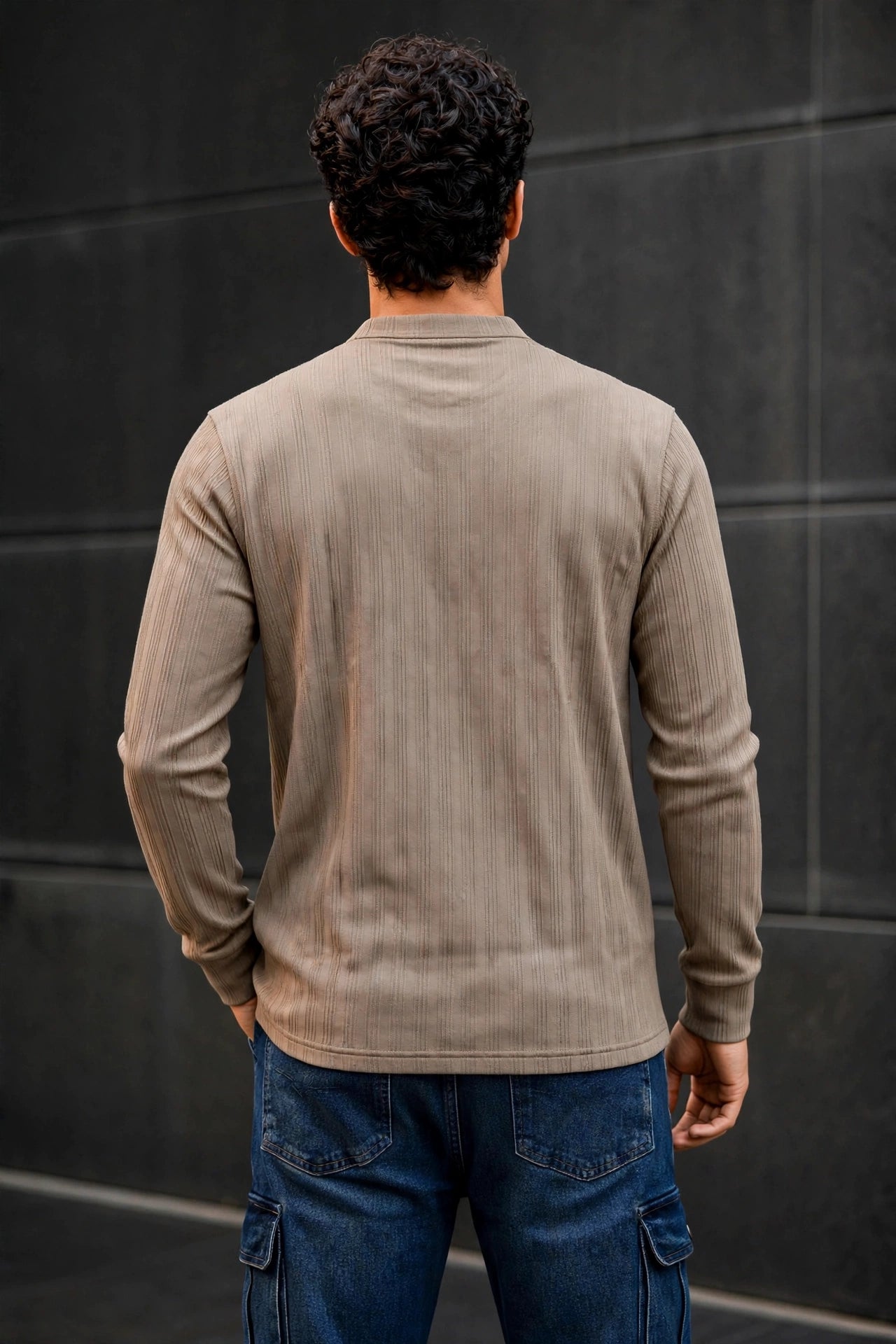 Men Brown Textured Ribbed Henley T-Shirt | Long Sleeve Mandarin Collar ATL6503