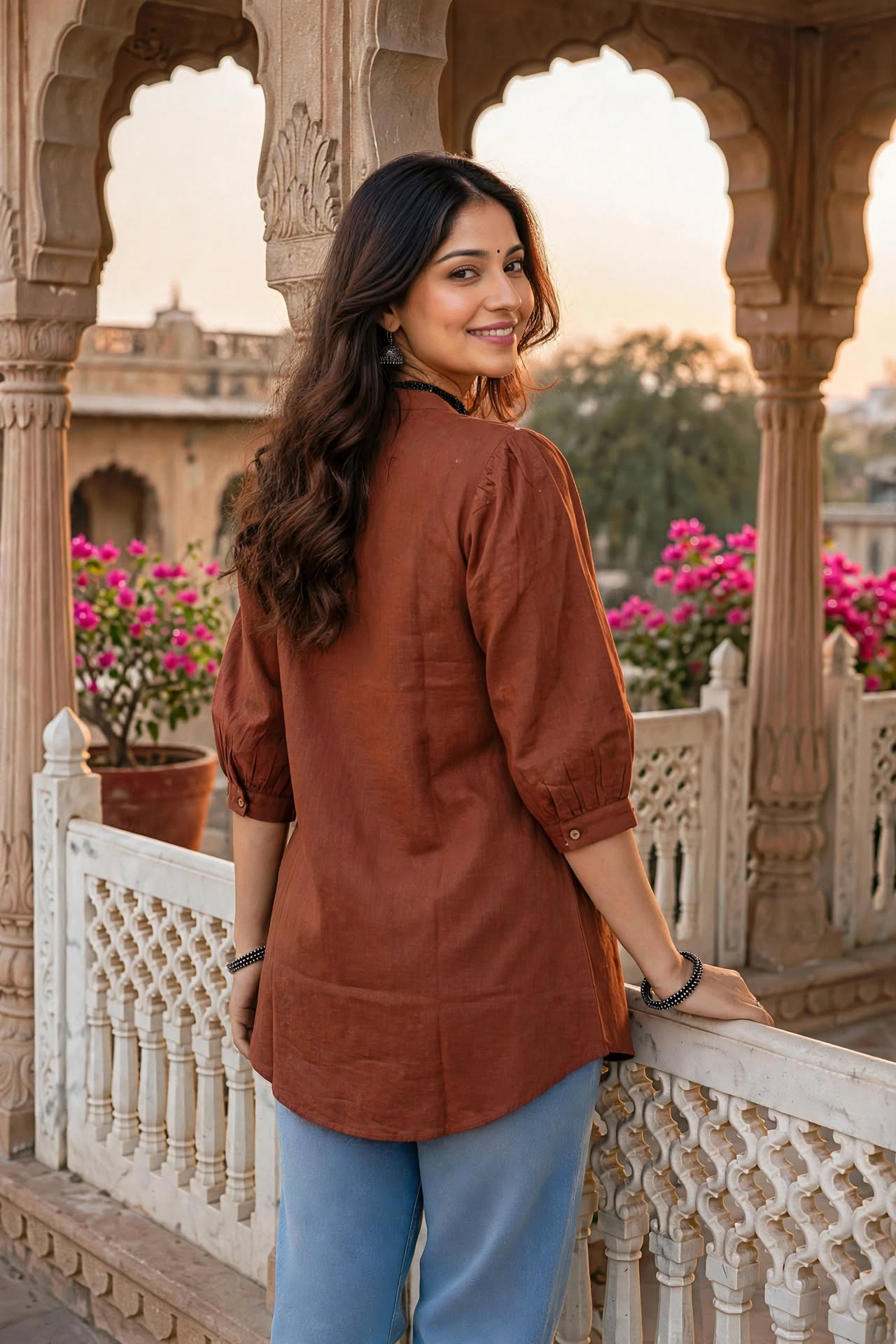 Women Brown White Embroidered Short Kurti - 3/4 Sleeves ATL9280