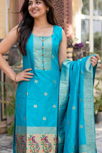 Women Mint Green Banarasi Silk Sleeveless Paithani Suit | Peacock Zari Work Straight Kurta Pant Dupatta Set ATL1001
