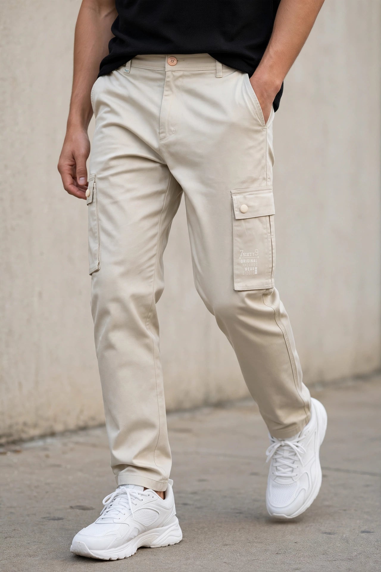 Men Cream Cargos Multi-Pocket Pants 1717