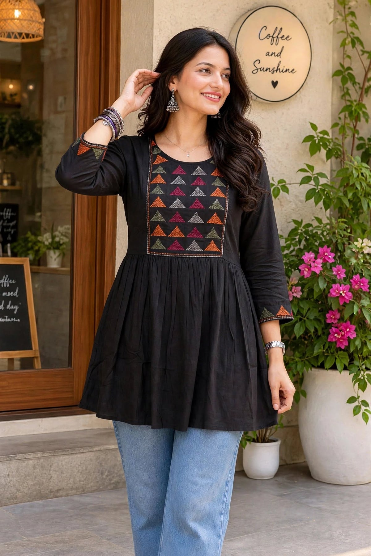 Women Black Short Kurti - Embroidered Yoke - 3/4 Sleeve ATL5271