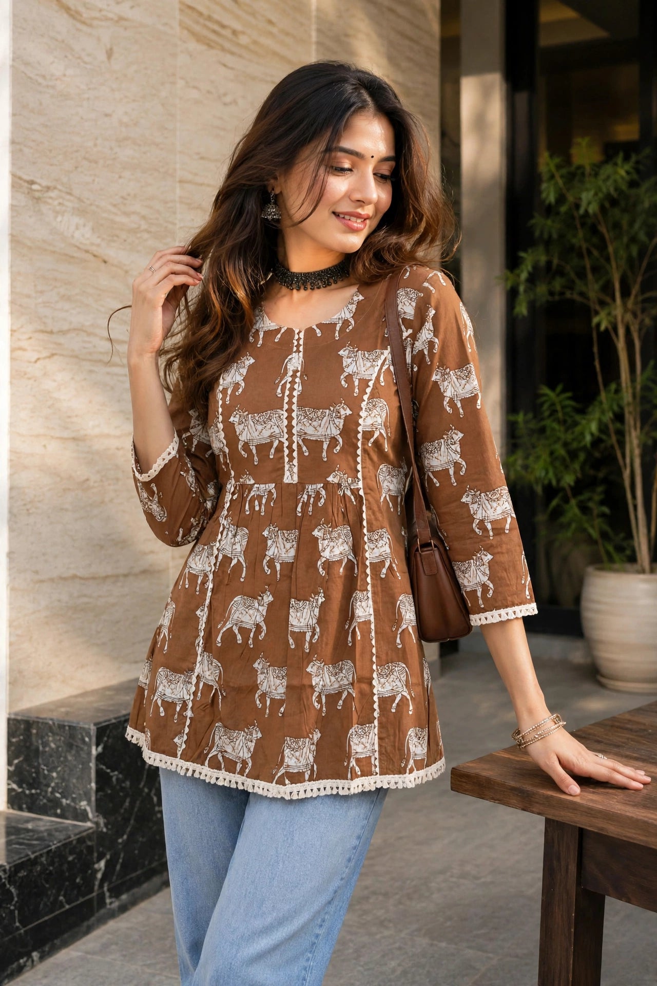 Women Brown Floral Printed Short Kurti 3/4 Sleeves - with Lace Border ATL1265