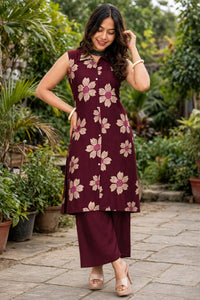 Women Wine Colour Floral Printed Sleeveless Kurta & Plazo Coord Set SHALINI-277