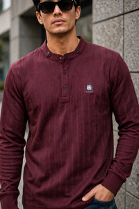 Men Wine Textured Ribbed Henley T-Shirt | Long Sleeve Mandarin Collar ATL6503