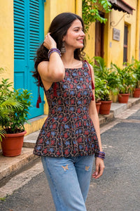 Women Black Floral Printed Short Kurti - Sleeveless Peplum Top with Tassels ATL7194