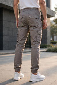 Men Grey Cargo Jogger Pants - 6 Pocket Slim Fit P-402
