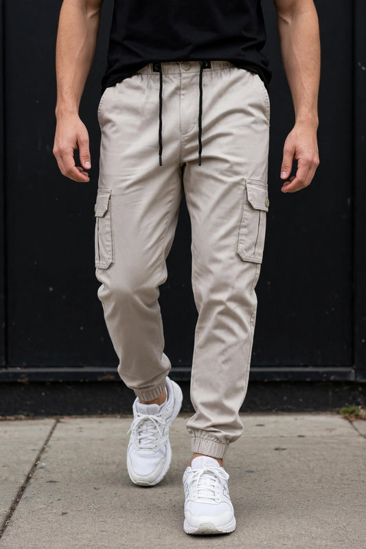 Men Light Grey Cargo Jogger Pants - 6 Pocket Slim Fit P-402