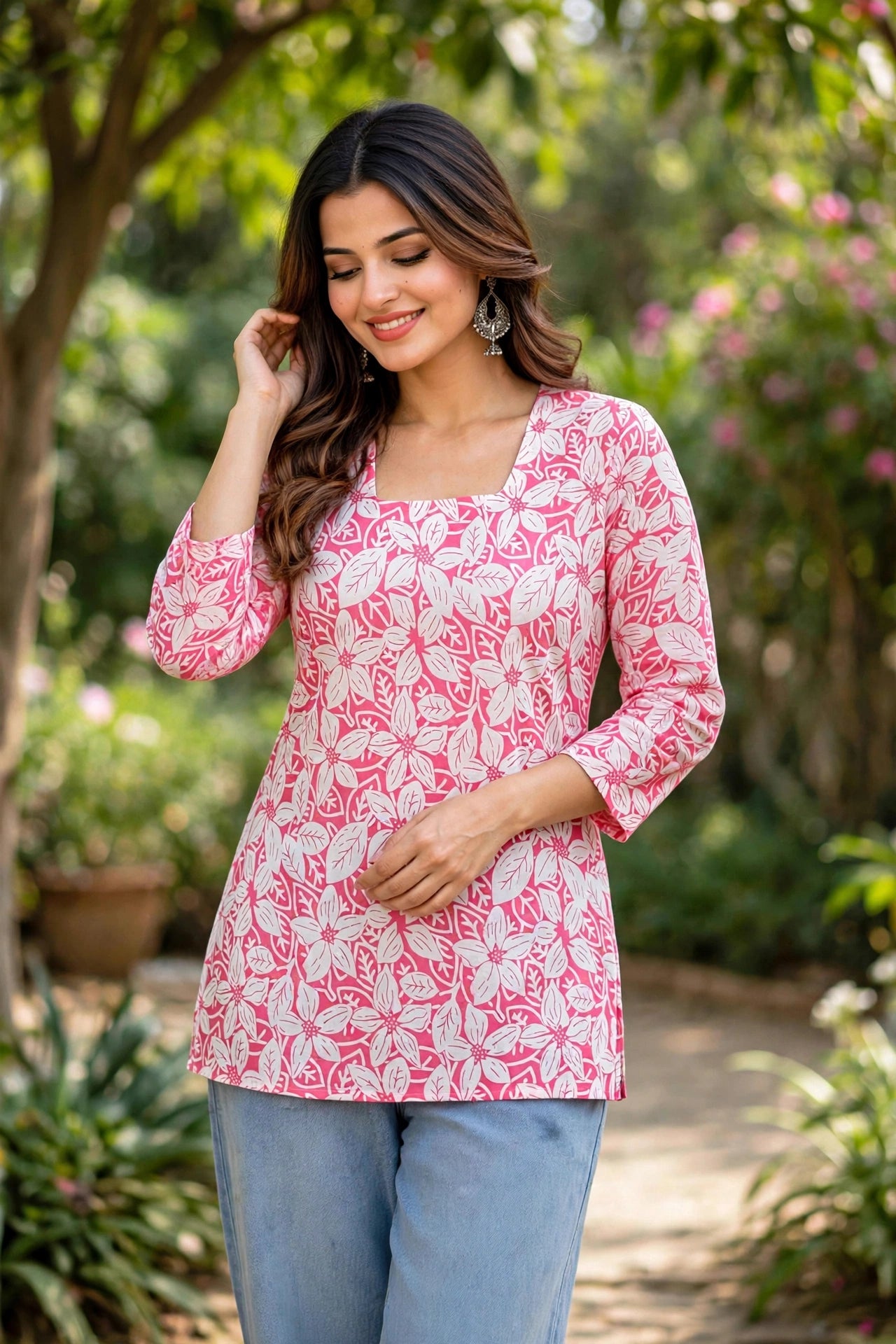 Women Pink Floral Leaf Print With Backlace Short Kurti 3561