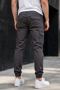 Men Charcoal Grey Cargo Jogger Pants - 6 Pocket Slim Fit P-402
