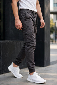 Men Charcoal Grey Cargo Jogger Pants - 6 Pocket Slim Fit P-402