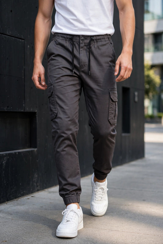 Men Charcoal Grey Cargo Jogger Pants - 6 Pocket Slim Fit P-402