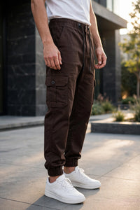 Men Coffee Cargo Jogger Pants - 6 Pocket Slim Fit P-402