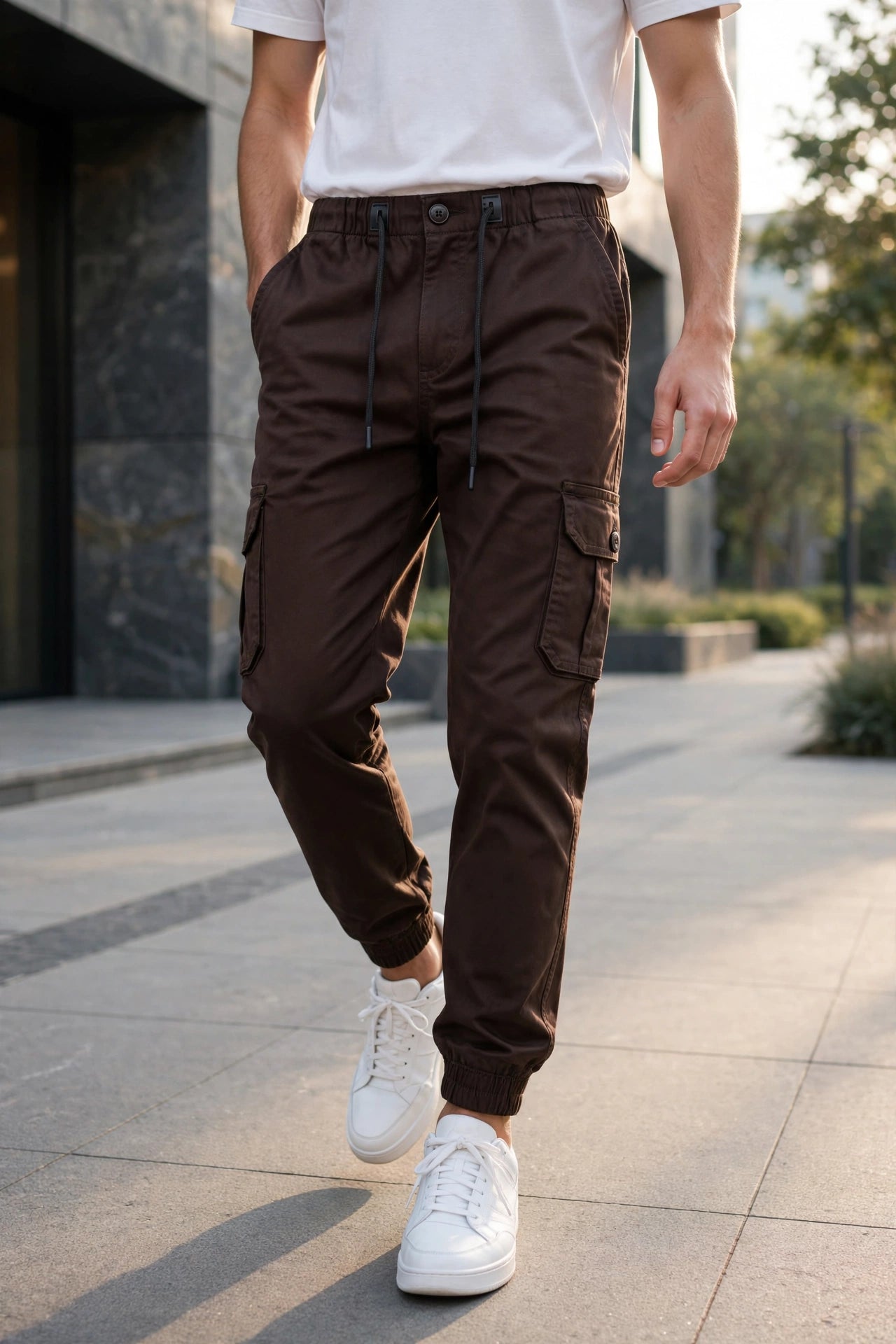Men Coffee Cargo Jogger Pants - 6 Pocket Slim Fit P-402
