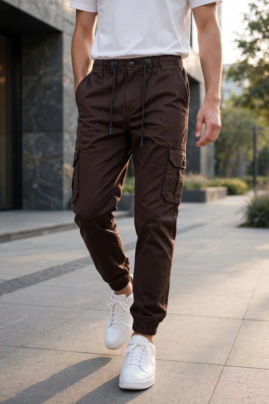 Men Coffee Cargo Jogger Pants - 6 Pocket Slim Fit P-402