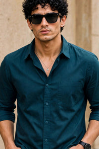 Men Teal Blue Plain Full Sleeve Casual Shirt ZDOBBY