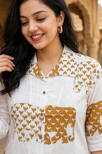 Women Mustard Elephant Printed Cotton Shirt - 3/4 Sleeves ATL8238