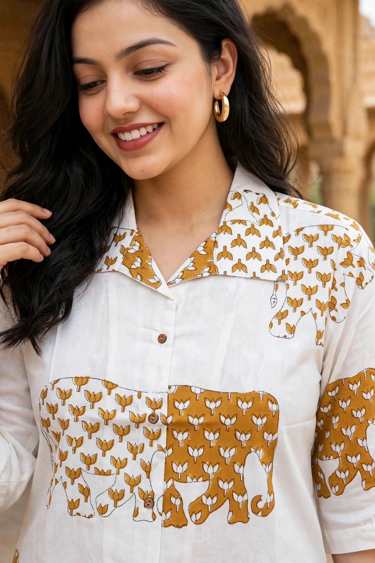 Women Mustard Elephant Printed Cotton Shirt - 3/4 Sleeves ATL8238