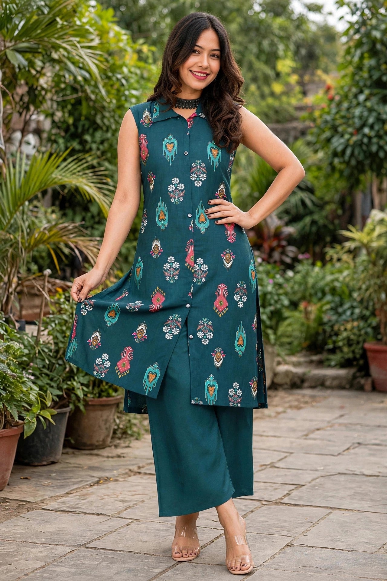 Women Blue Ikat Printed Sleeveless Kurta & Plazo Coord Set SHALINI-282