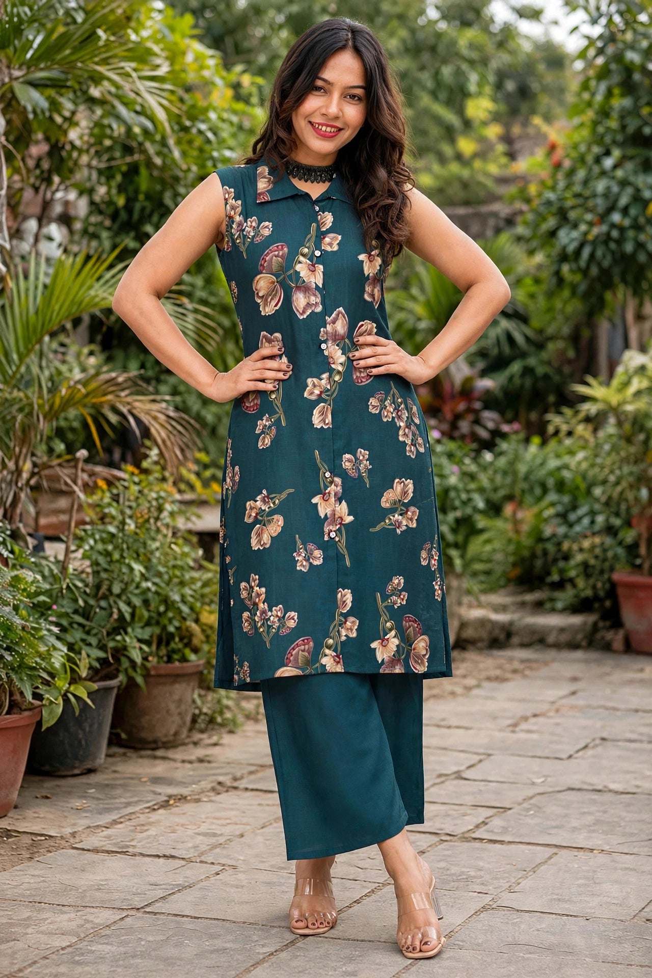 Women Teal Blue Floral Printed Co-ord Set | Sleeveless Kurta & Plazo SHALINI-268