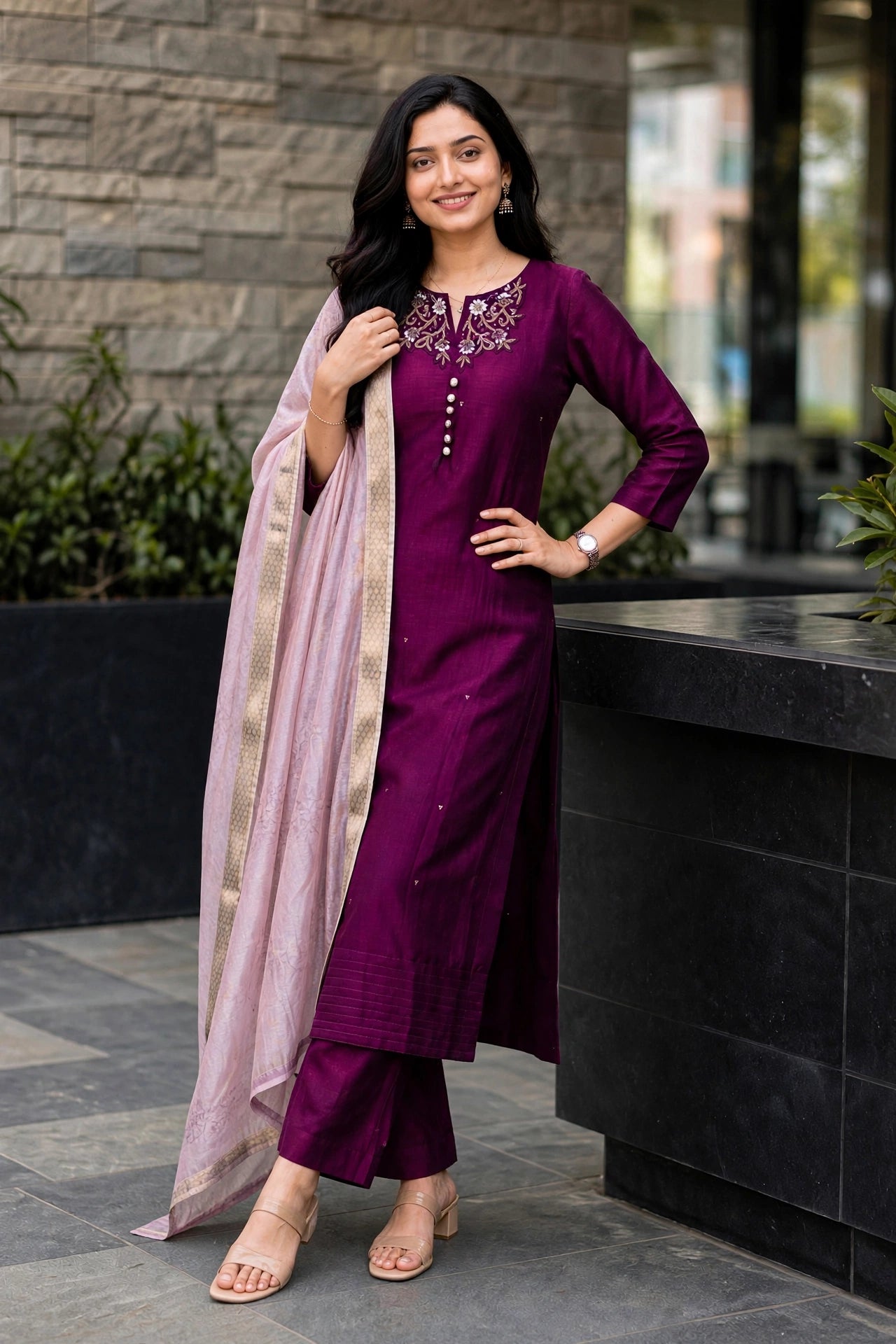 Women Wine Zari Embroidered Kurti Pant Set with Dupatta 151-314