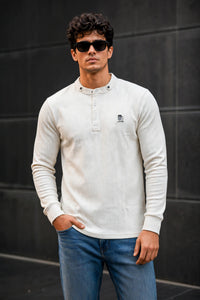 Men White Textured Ribbed Henley T-Shirt | Long Sleeve Mandarin Collar ATL6503