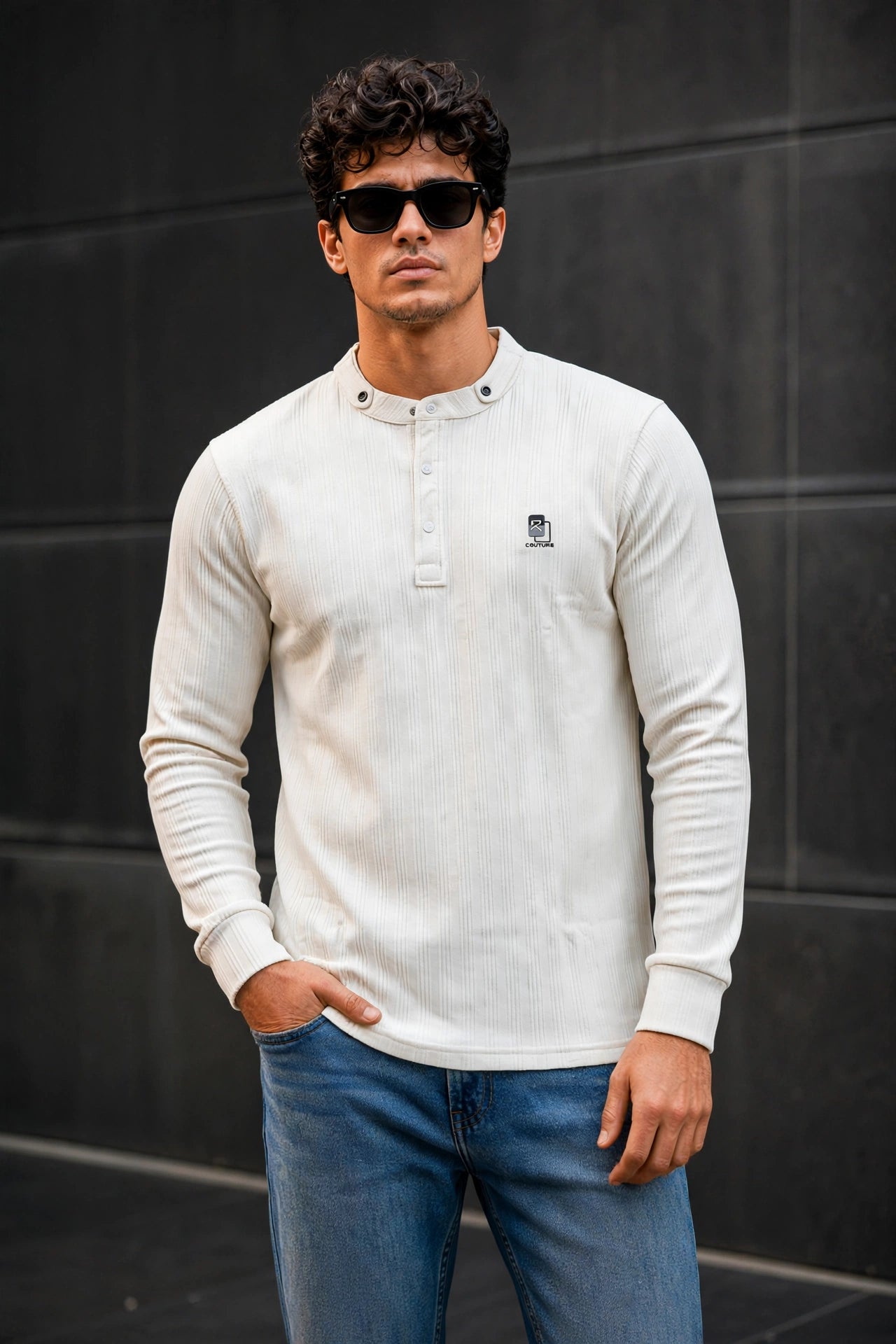 Men White Textured Ribbed Henley T-Shirt | Long Sleeve Mandarin Collar ATL6503
