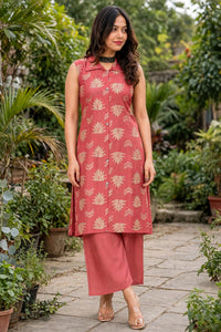 Women Onion Lotus Printed Sleeveless Kurta & Plazo Coord Set SHALINI-283