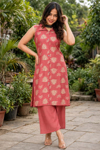 Women Onion Lotus Printed Sleeveless Kurta & Plazo Coord Set SHALINI-283