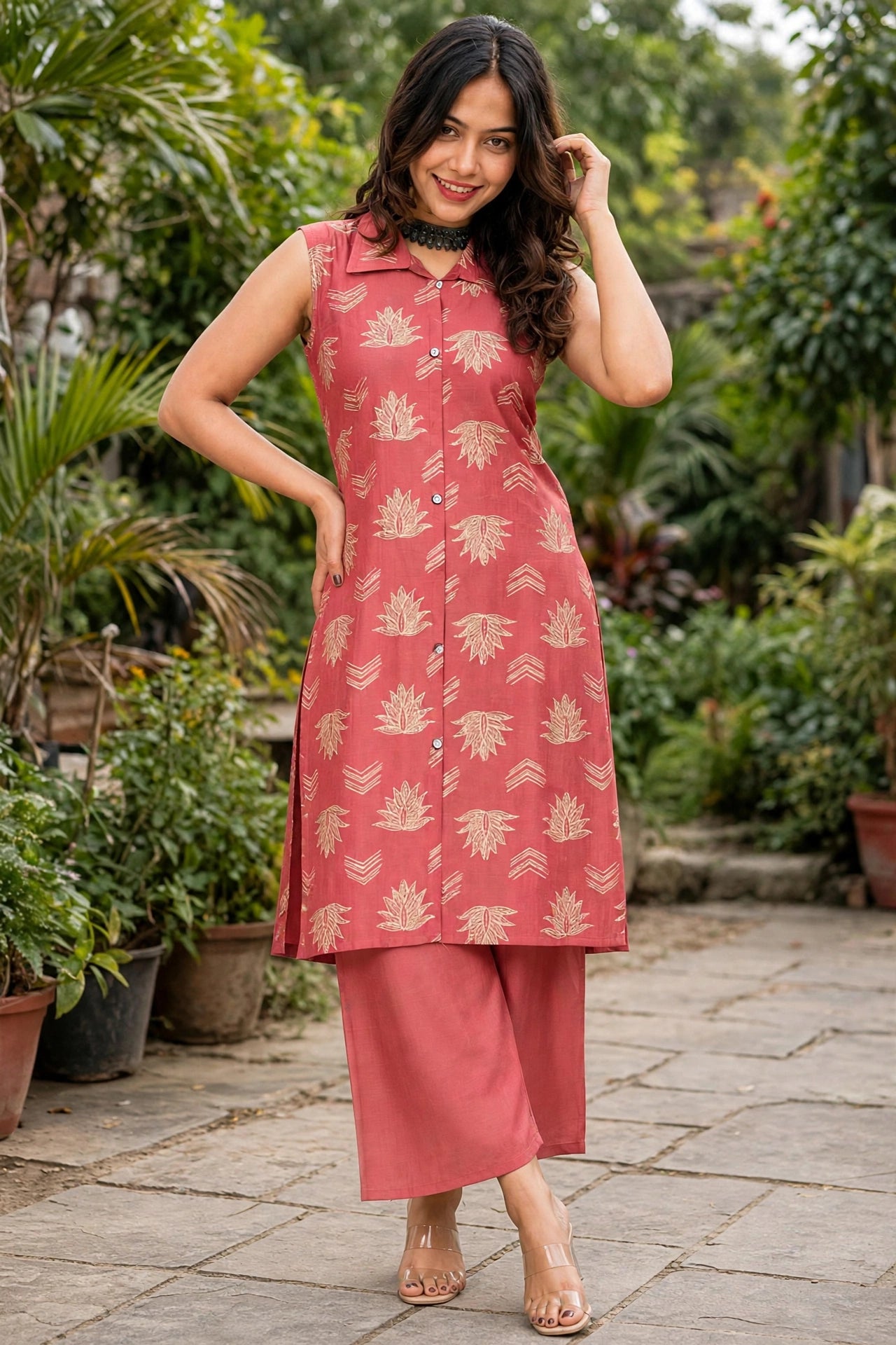 Women Onion Lotus Printed Sleeveless Kurta & Plazo Coord Set SHALINI-283