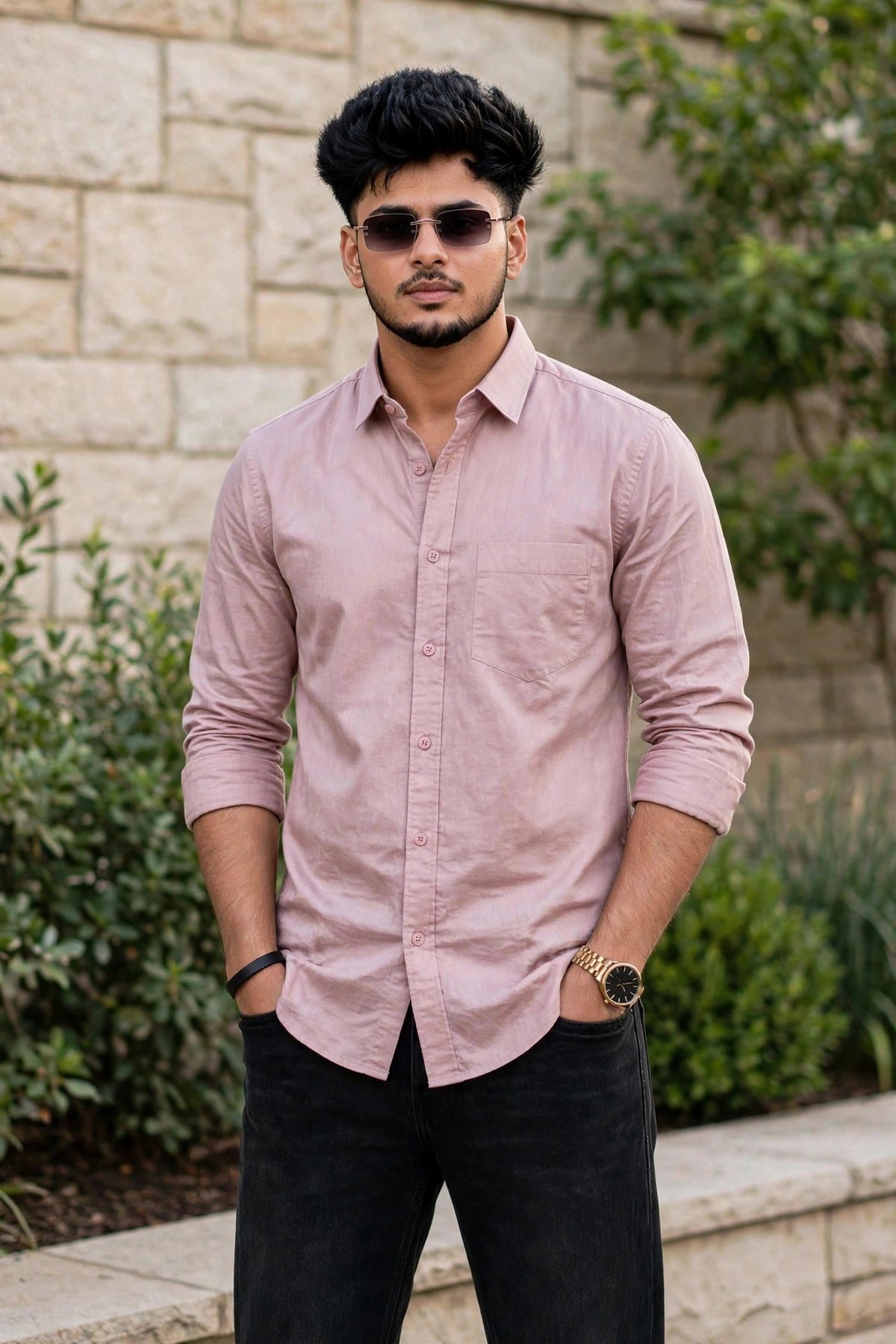 Men Rose Pink Plain Full Sleeve Casual Shirt ZDOBBY