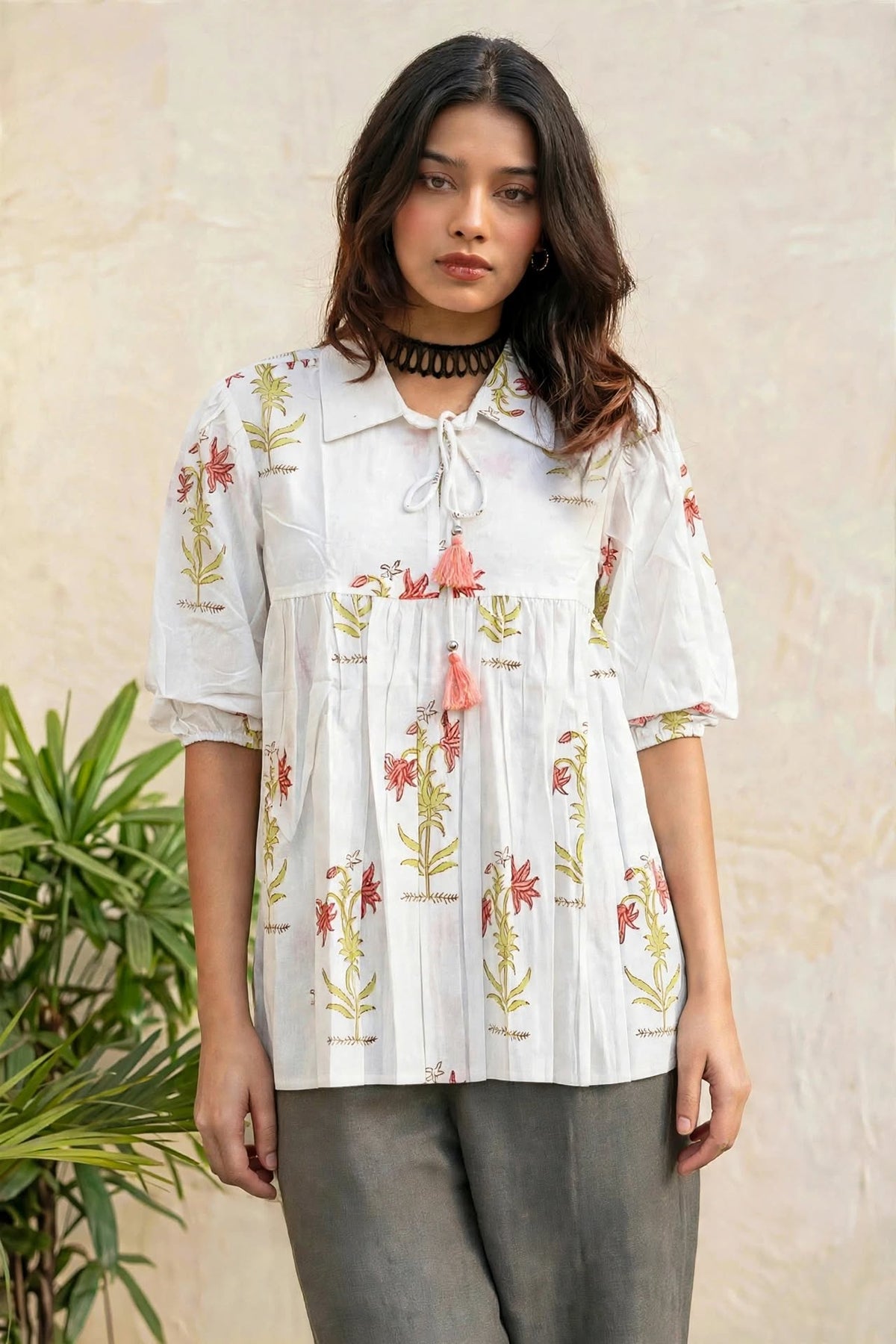 Women Peach Floral Printed Cotton Short Kurti - Collar Neck - Puff Sleeves with Tassel Dori ATL2300