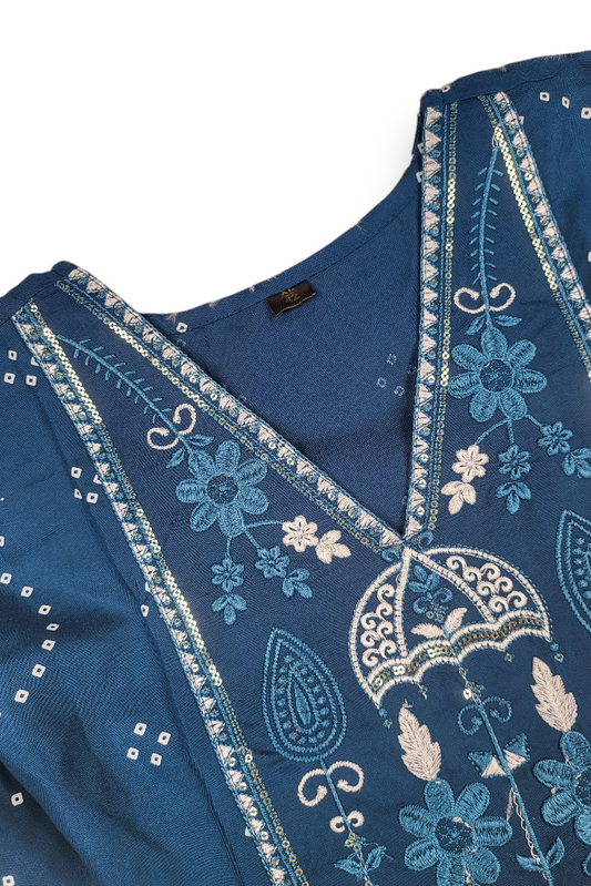 Peacock Blue Floral Print Maxi Anarkali Dress Kurti