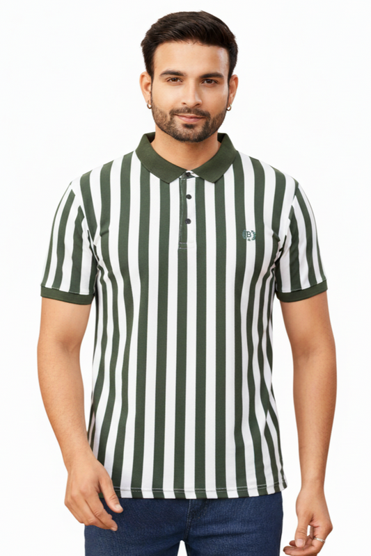 Men Green-White Vertical Striped Polo T-Shirt | Slim Fit 251181246