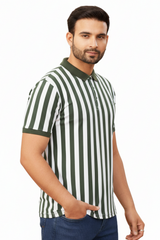 Men Green-White Vertical Striped Polo T-Shirt | Slim Fit 251181246