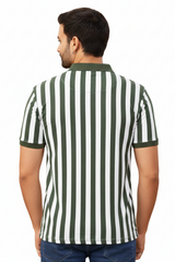 Men Green-White Vertical Striped Polo T-Shirt | Slim Fit 251181246