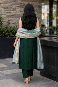 Women Bottle Green Zari Embroidered Kurti Pant Set with Dupatta 151-314