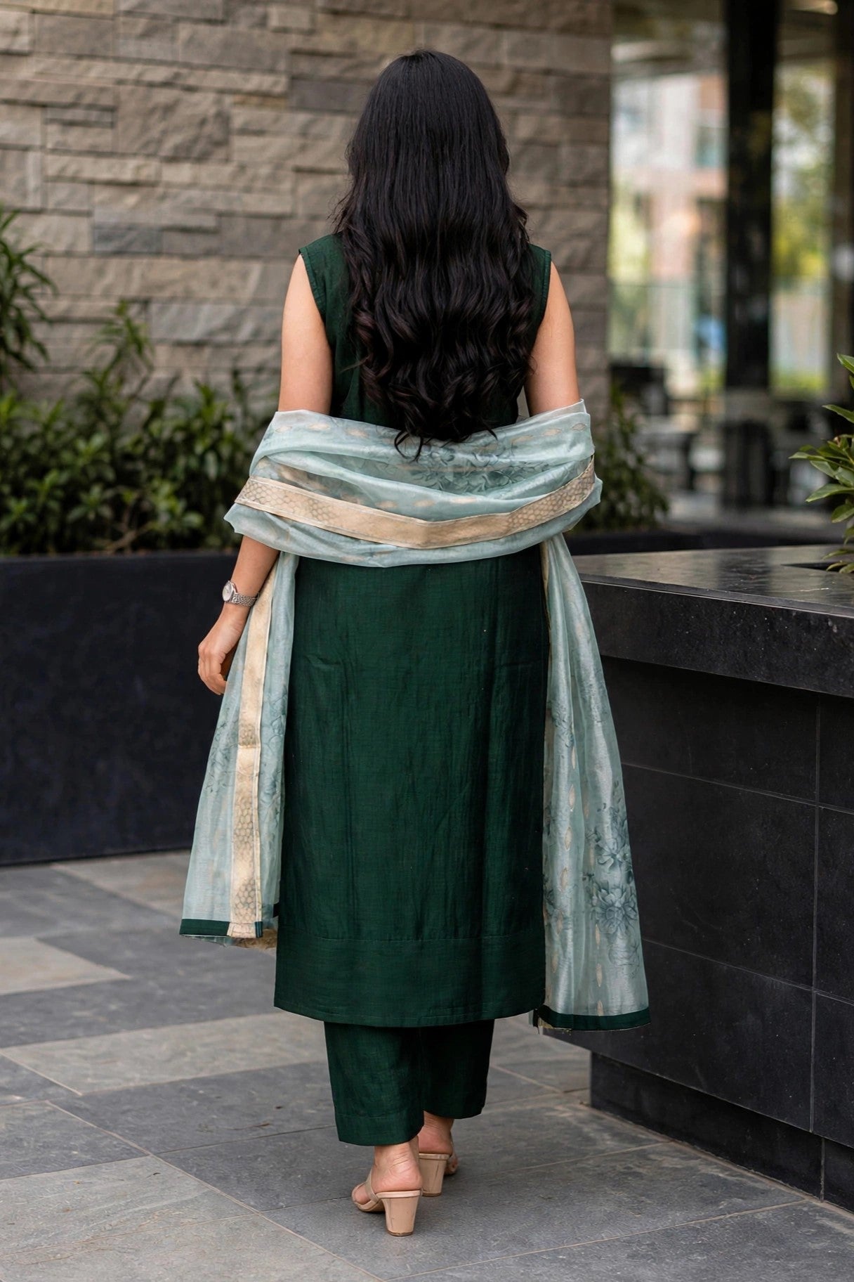 Women Bottle Green Zari Embroidered Kurti Pant Set with Dupatta 151-314