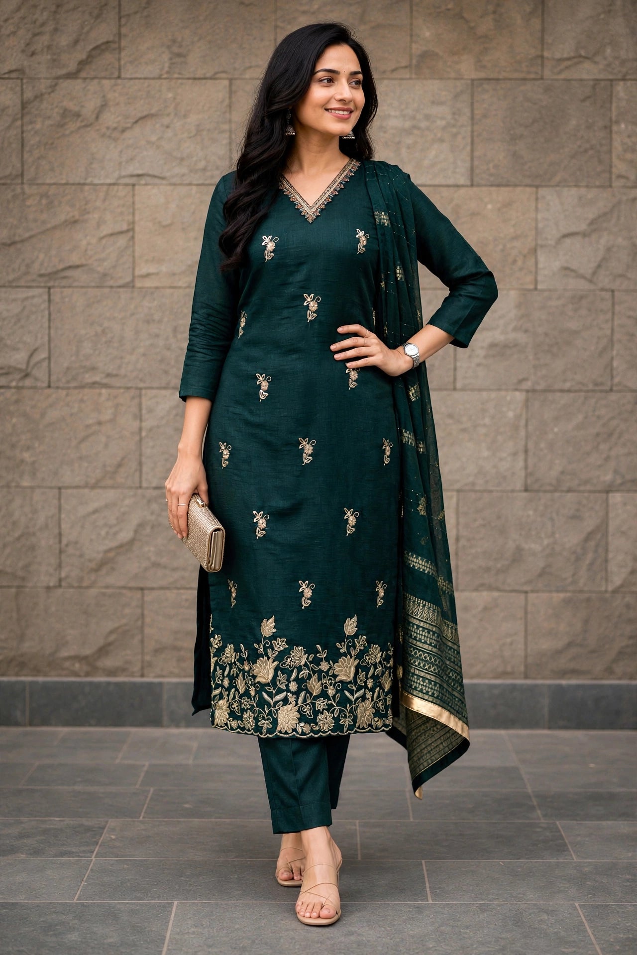Women Olive Embroidered V-Neck Kurti & Pant Dupatta Set 151-314