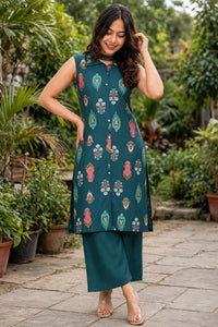 Women Blue Ikat Printed Sleeveless Kurta & Plazo Coord Set SHALINI-282