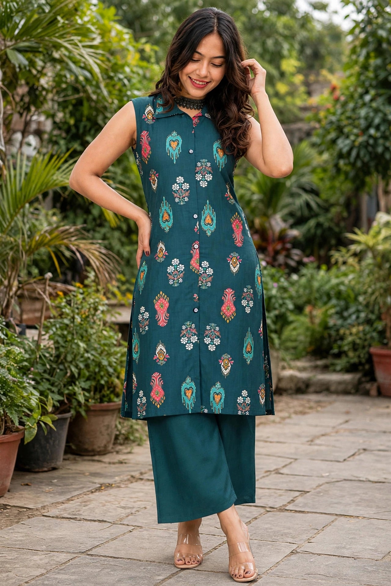 Women Blue Ikat Printed Sleeveless Kurta & Plazo Coord Set SHALINI-282