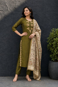 Women Mehandi Roman Silk Sleeveless Kurta Set with Two Side Embroidery & Printed Dupatta 151-314