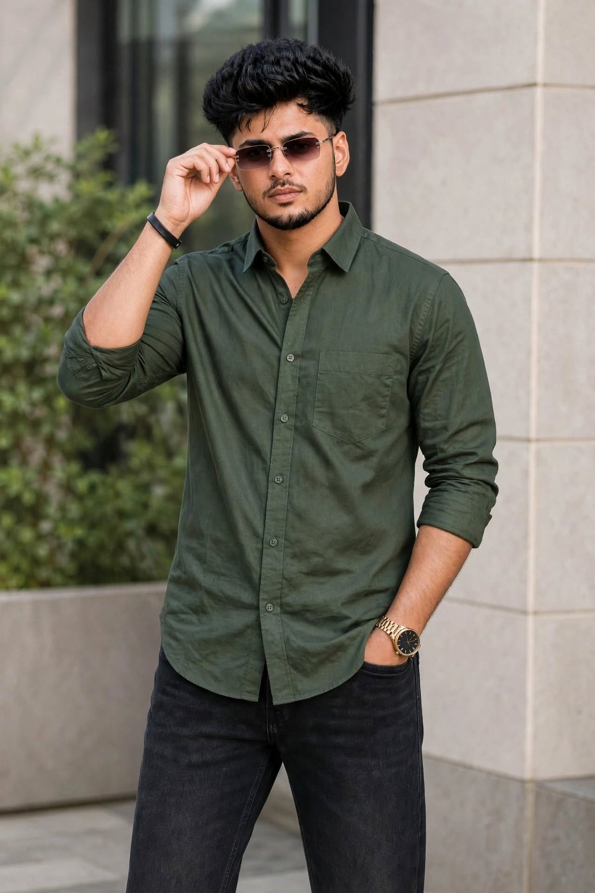Men Green Plain Full Sleeve Casual Shirt ZDOBBY