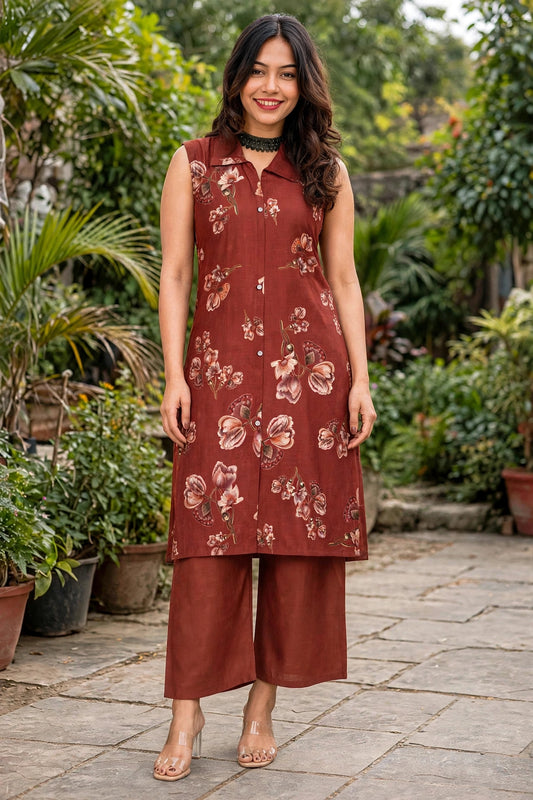 Women Rust Floral Printed Co-ord Set | Sleeveless Kurta & Plazo SHALINI-268