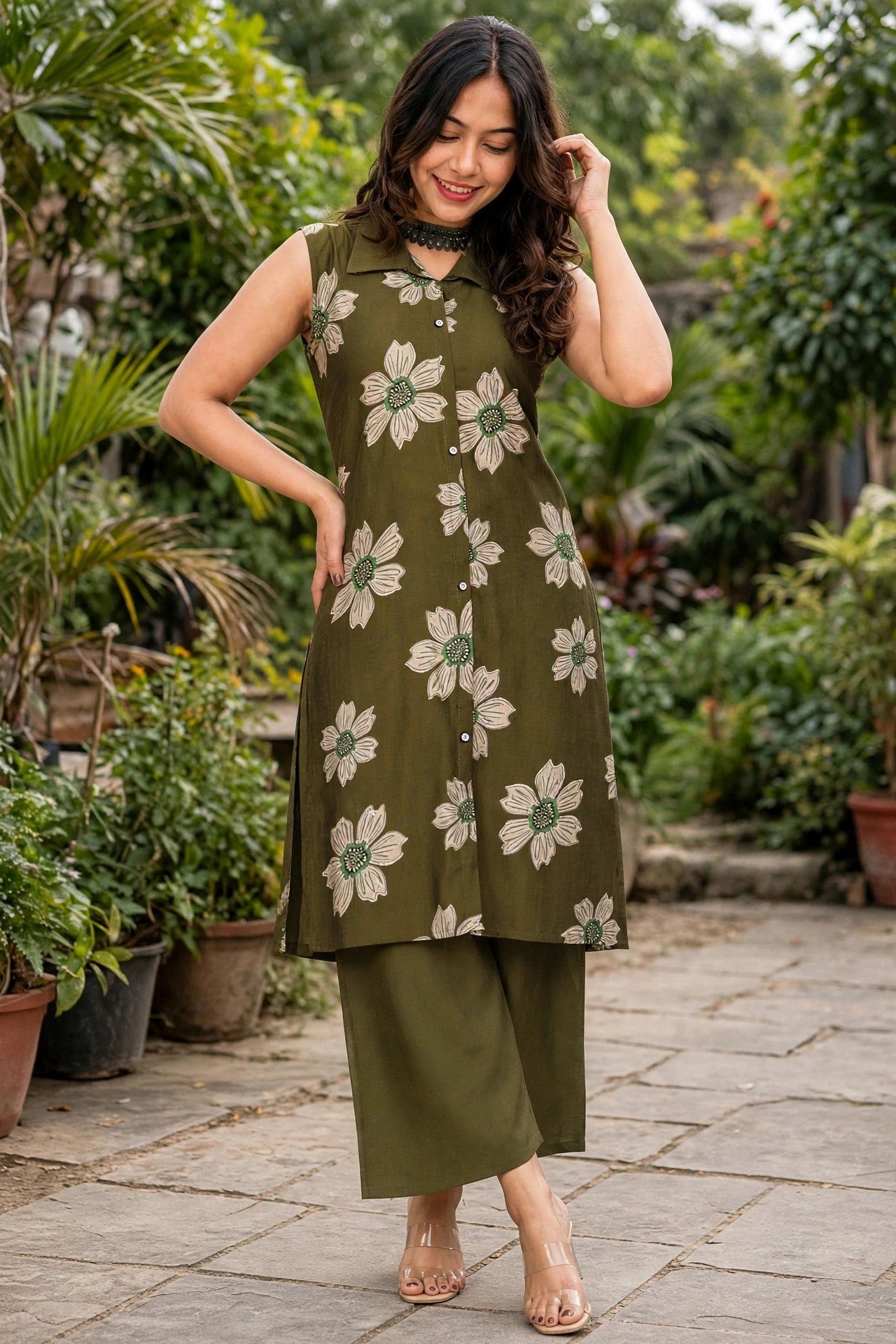 Women Mehndi Green Colour Floral Printed Sleeveless Kurta & Plazo Coord Set SHALINI-277