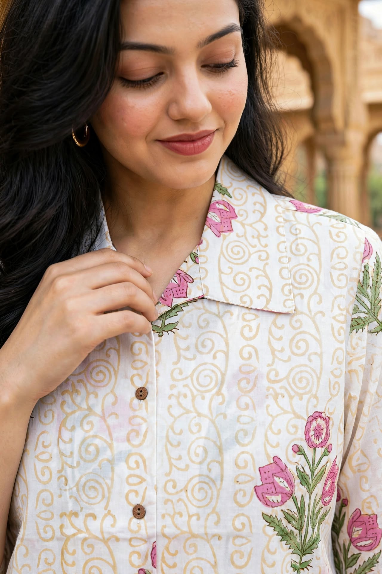 Women Yellow Elephant Printed Cotton Shirt - 3/4 Sleeves ATL8238